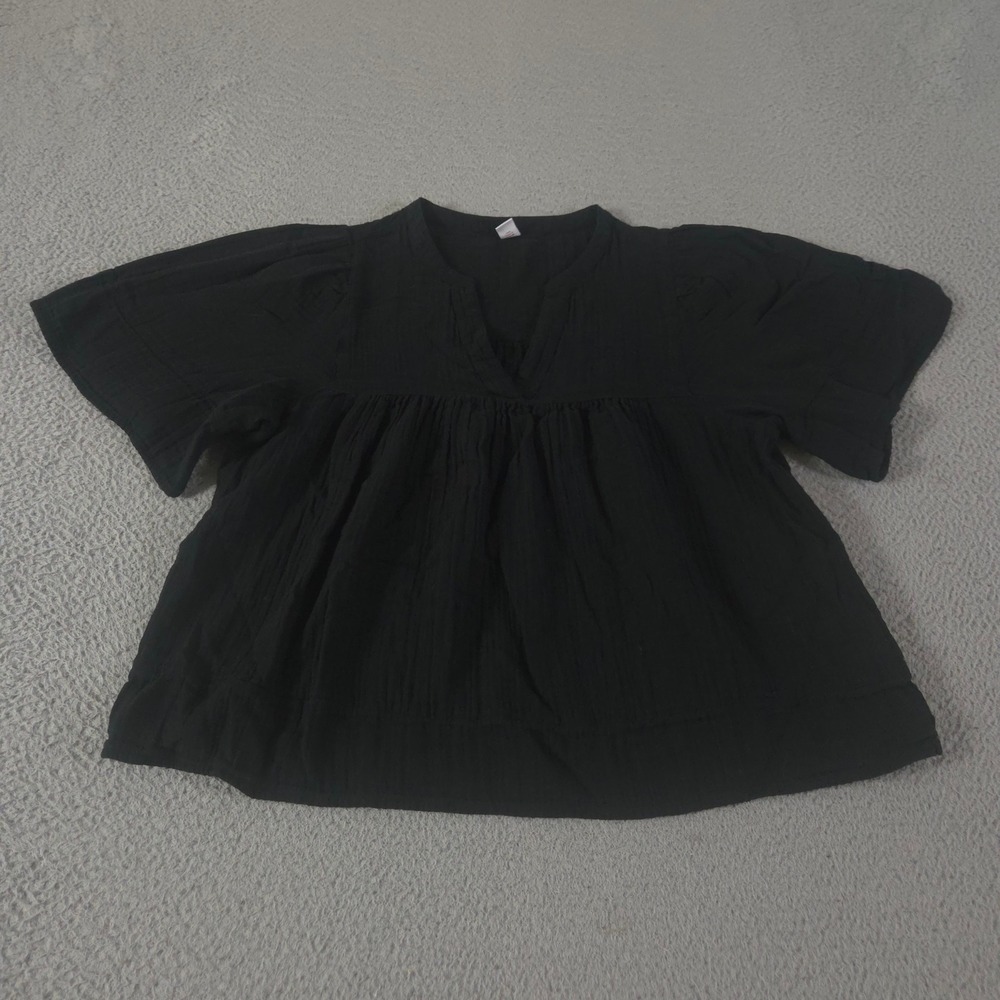 Old Navy Top Womens L Black Flutter-Sleeve Textured V-Neck Swing Cotton Gauze